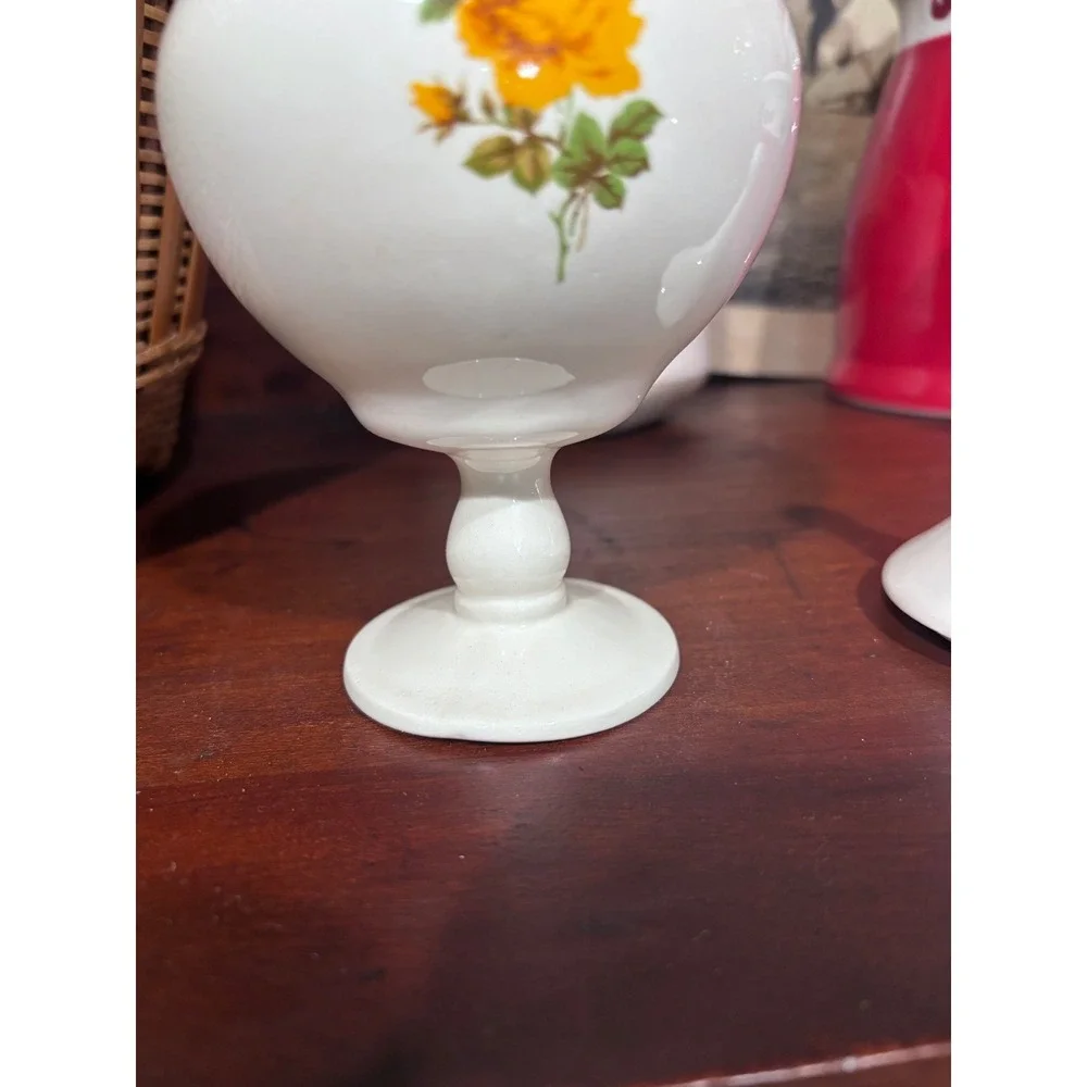 Vintage Yellow Rose Ceramic Pedestal Apothecary Jar with Lid one of a kind